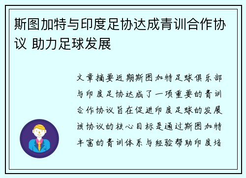 斯图加特与印度足协达成青训合作协议 助力足球发展